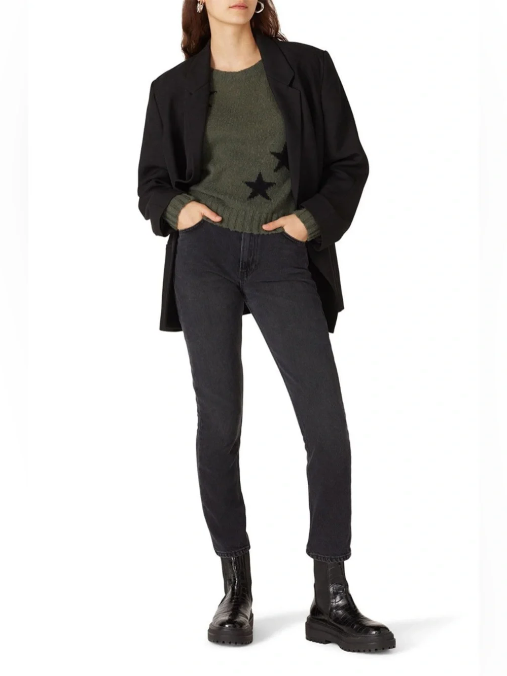 Rails Perci Green Sweater Olive Black Stars Merino Wool‎ Cozy Relaxed